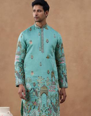 Green cotton silk embroidered kurta for men's 2