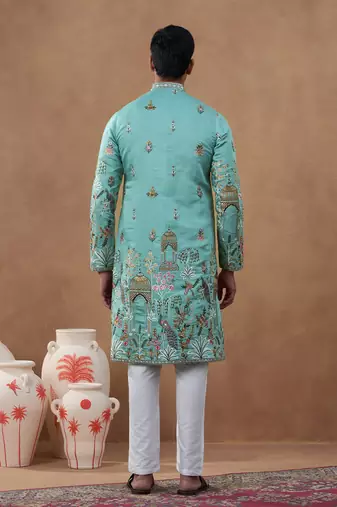 Green cotton silk embroidered kurta for men's