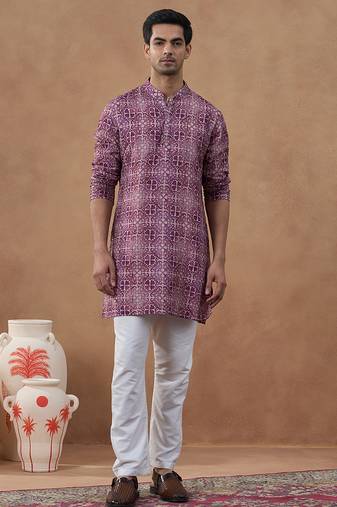 Purple cotton silk printed kurta for men's