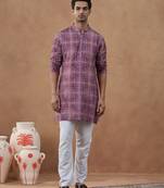 Purple cotton silk printed kurta for men's