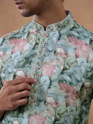 Multicolor cotton silk printed kurta for men's 2