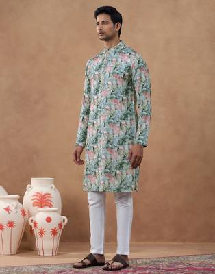 Multicolor cotton silk printed kurta for men's 3