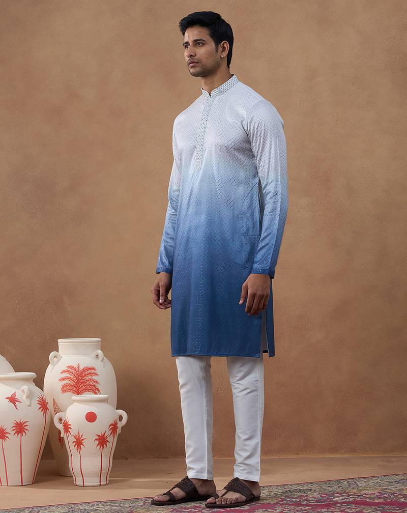 Blue cotton silk plain kurta for men's