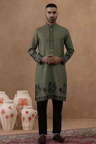 Green cotton silk embroidered kurta for men's