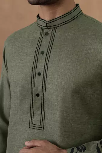 Green cotton silk embroidered kurta for men's