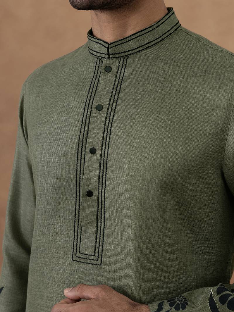 Green cotton silk embroidered kurta for men's