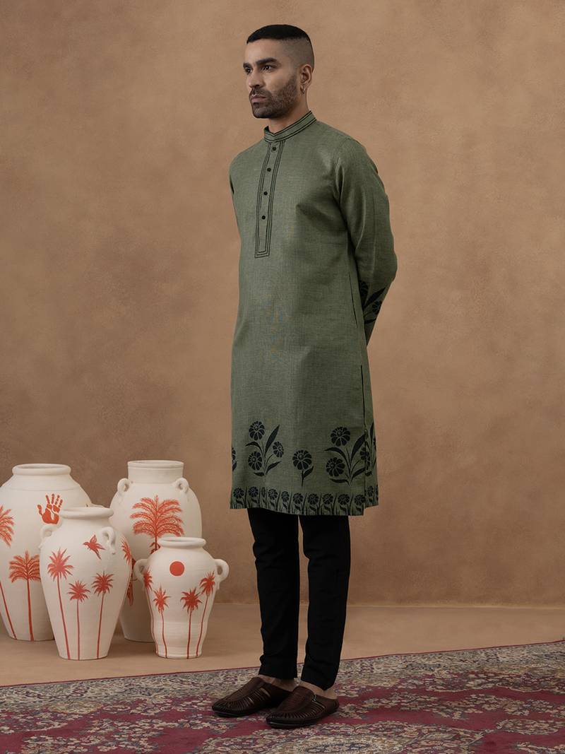 Green cotton silk embroidered kurta for men's