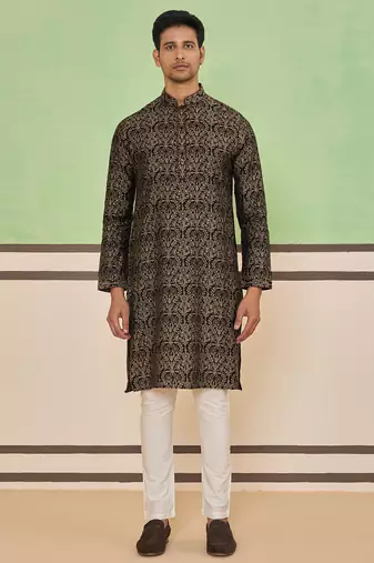 Black cotton silk plain kurta for men's