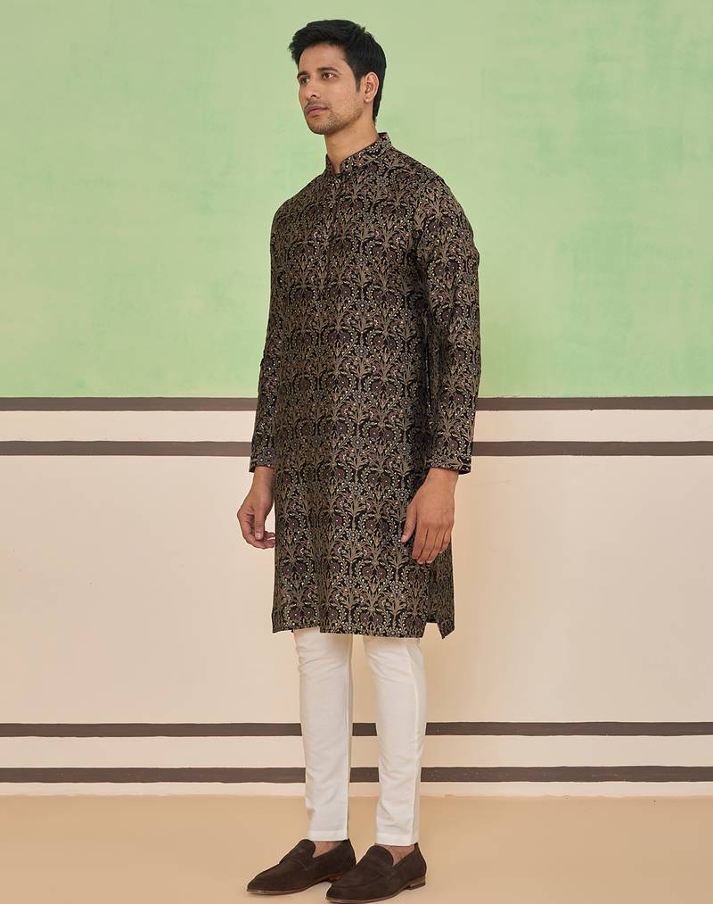 Black cotton silk plain kurta for men's