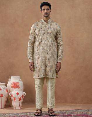Beige cotton silk plain kurta for men's 1