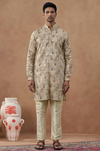 Beige cotton silk plain kurta for men's