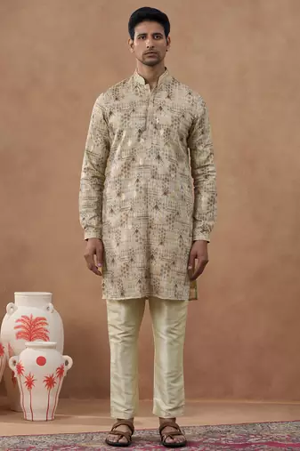 Beige cotton silk plain kurta for men's