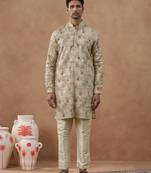 Beige cotton silk plain kurta for men's