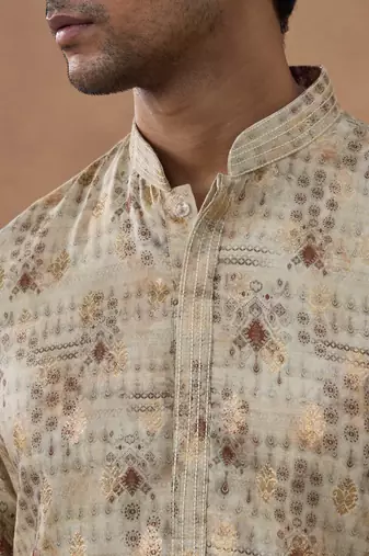 Beige cotton silk plain kurta for men's