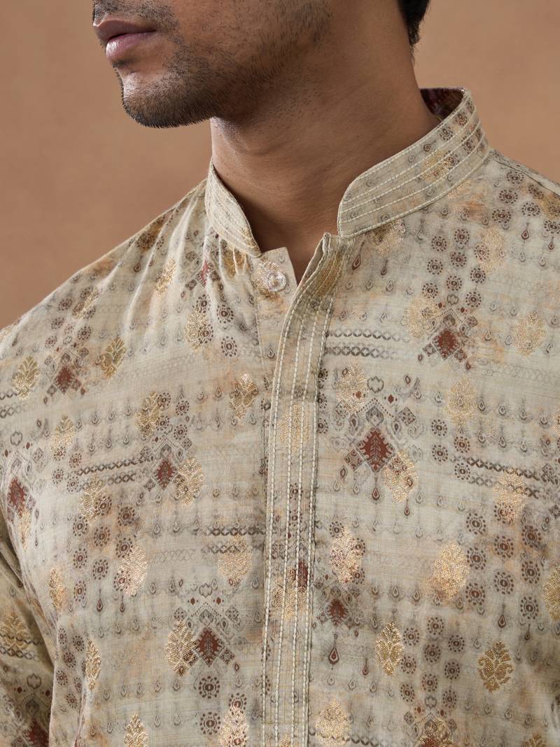 Beige cotton silk plain kurta for men's