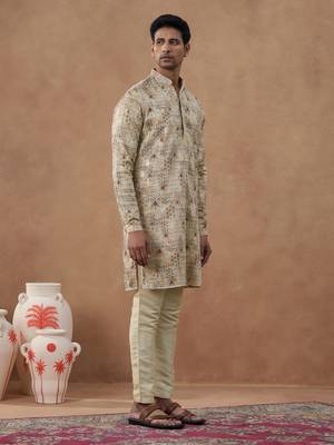 Beige cotton silk plain kurta for men's 3