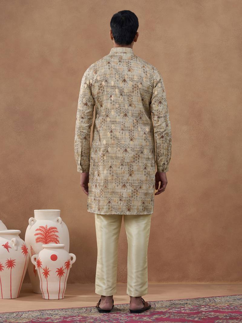 Beige cotton silk plain kurta for men's