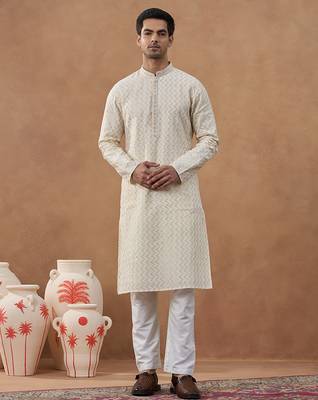 Beige cotton silk embroidered kurta for men's 1