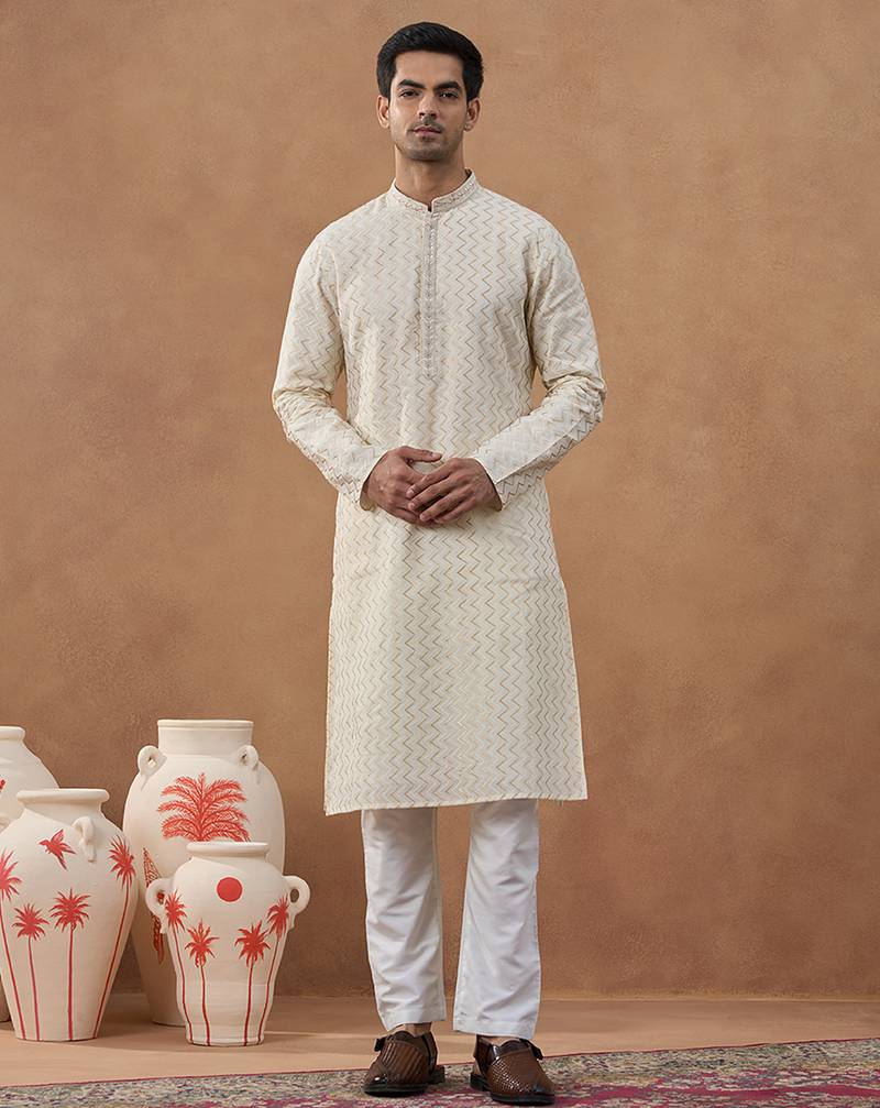 Beige cotton silk embroidered kurta for men's
