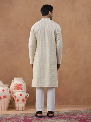 Beige cotton silk embroidered kurta for men's 4