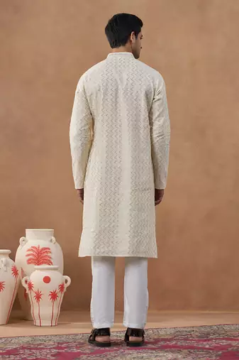 Beige cotton silk embroidered kurta for men's
