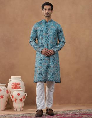 Blue cotton silk printed kurta for men's 1