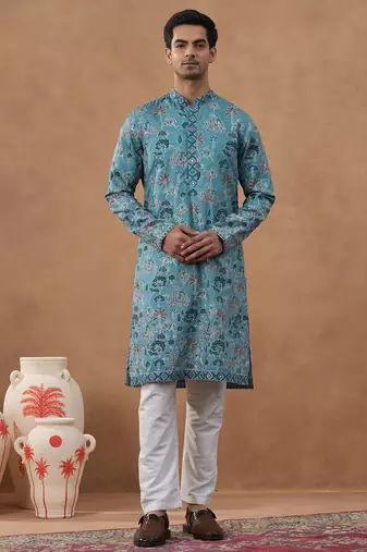 Blue cotton silk printed kurta for men's
