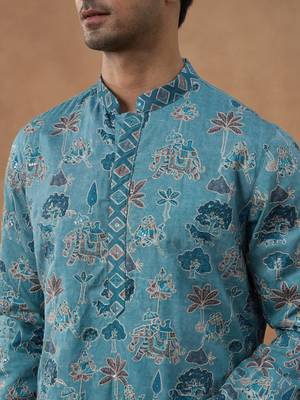 Blue cotton silk printed kurta for men's 2