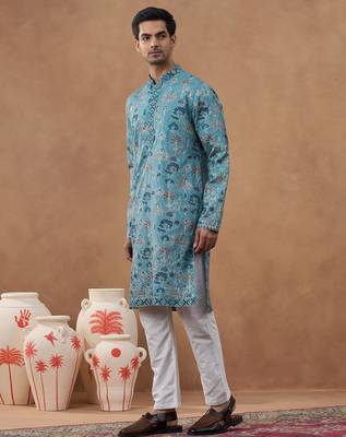 Blue cotton silk printed kurta for men's 3
