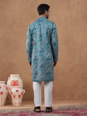 Blue cotton silk printed kurta for men's 4