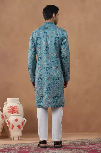 Blue cotton silk printed kurta for men's