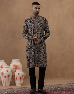 Black cotton silk plain kurta for men's 1