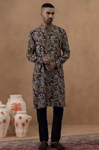 Black cotton silk plain kurta for men's