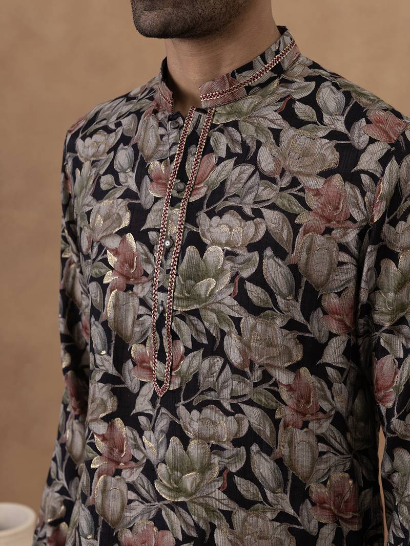 Black cotton silk plain kurta for men's