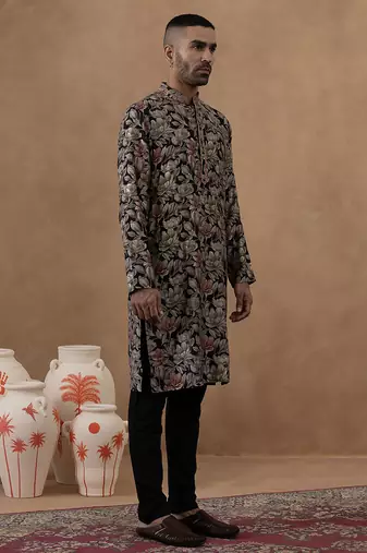 Black cotton silk plain kurta for men's