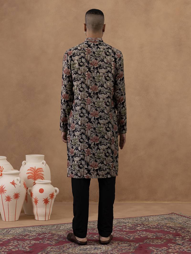 Black cotton silk plain kurta for men's