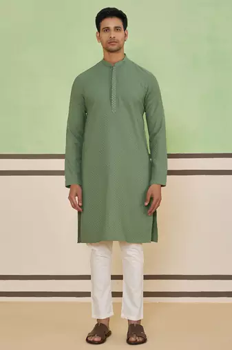 Green cotton silk plain kurta for men's
