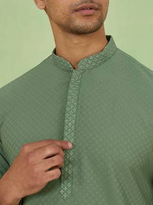 Green cotton silk plain kurta for men's 2