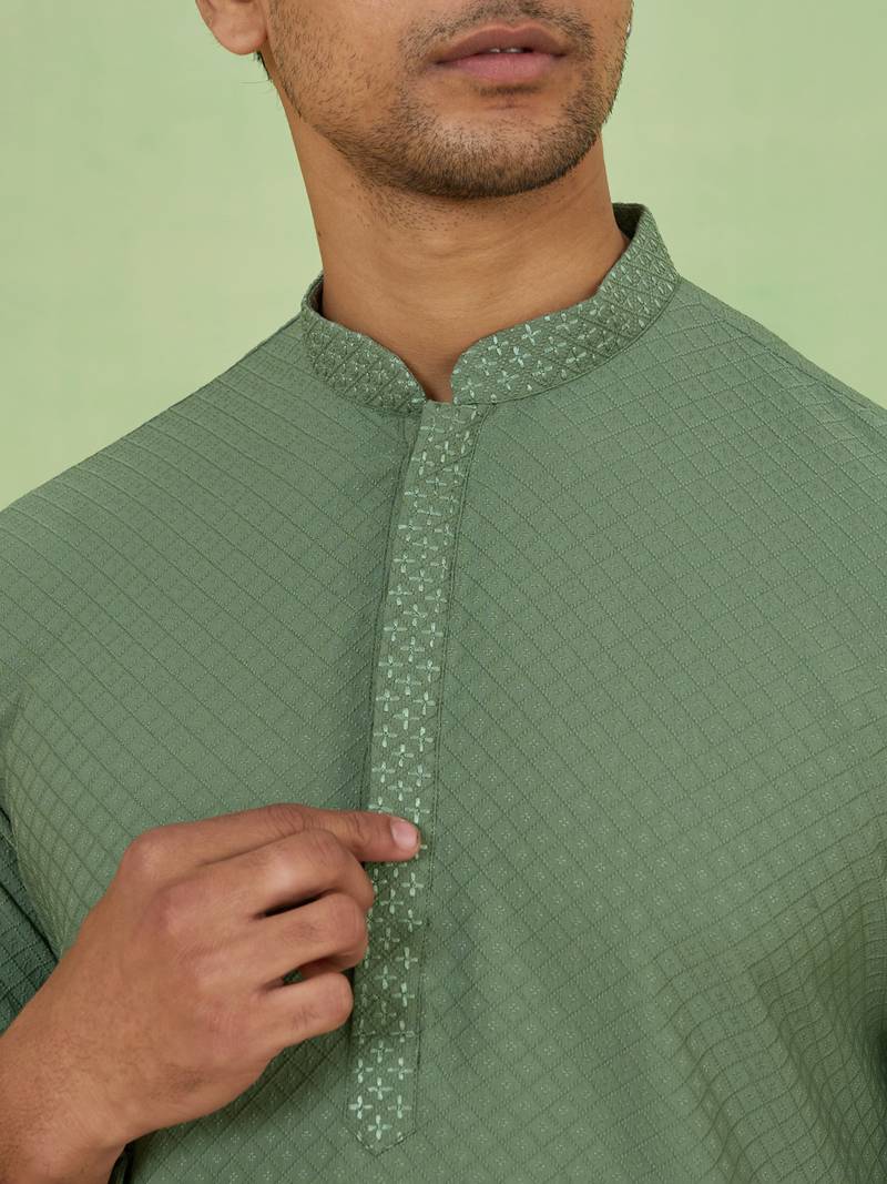 Green cotton silk plain kurta for men's