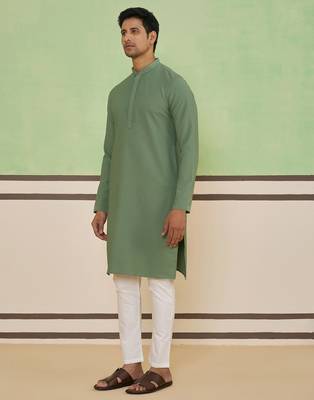 Green cotton silk plain kurta for men's 3