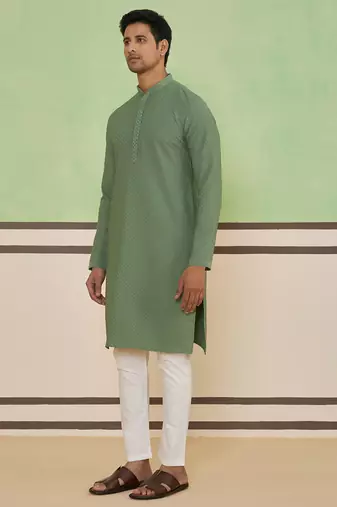 Green cotton silk plain kurta for men's