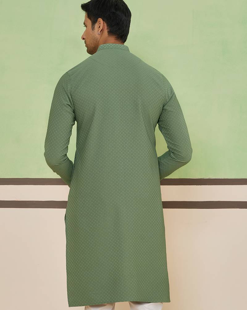 Green cotton silk plain kurta for men's