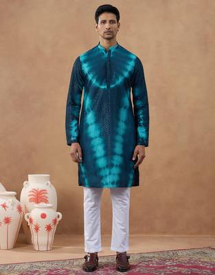 Blue cotton silk embroidered kurta for men's 1