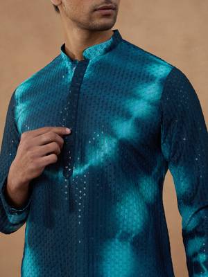 Blue cotton silk embroidered kurta for men's 2