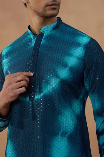 Blue cotton silk embroidered kurta for men's