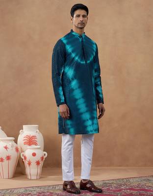 Blue cotton silk embroidered kurta for men's 3
