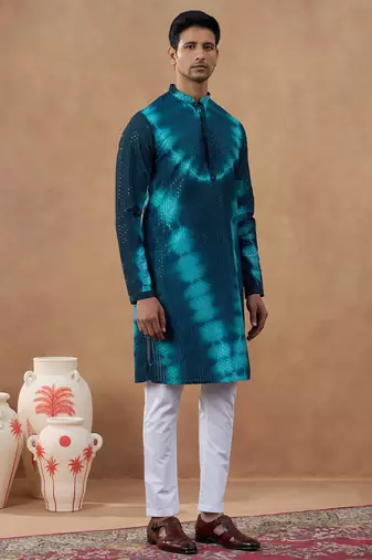 Blue cotton silk embroidered kurta for men's