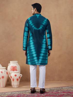 Blue cotton silk embroidered kurta for men's 4