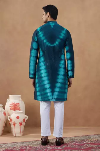 Blue cotton silk embroidered kurta for men's