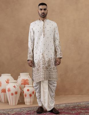 Beige cotton silk embroidered kurta for men's 1